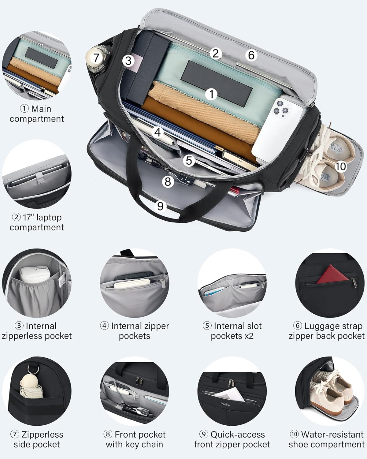 Carry on Duffel Bag Foldable Duffle Bags for Travel, Large Personal Item Bags for Airplanes, Weekender Overnight Mens Travel Tote Bag for Women Softside Carry on Luggage (Black)