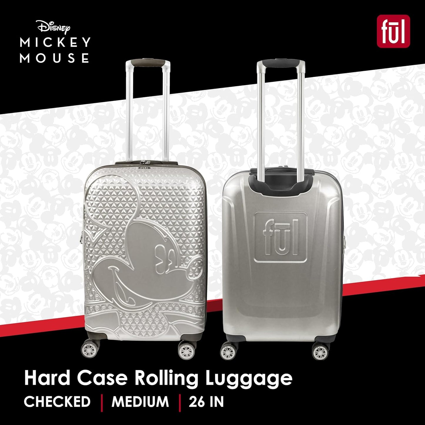 FUL Disney 26 Inch Rolling Luggage, Hardshell Suitcase with Spinner Wheels, Mickey Mouse-Silver