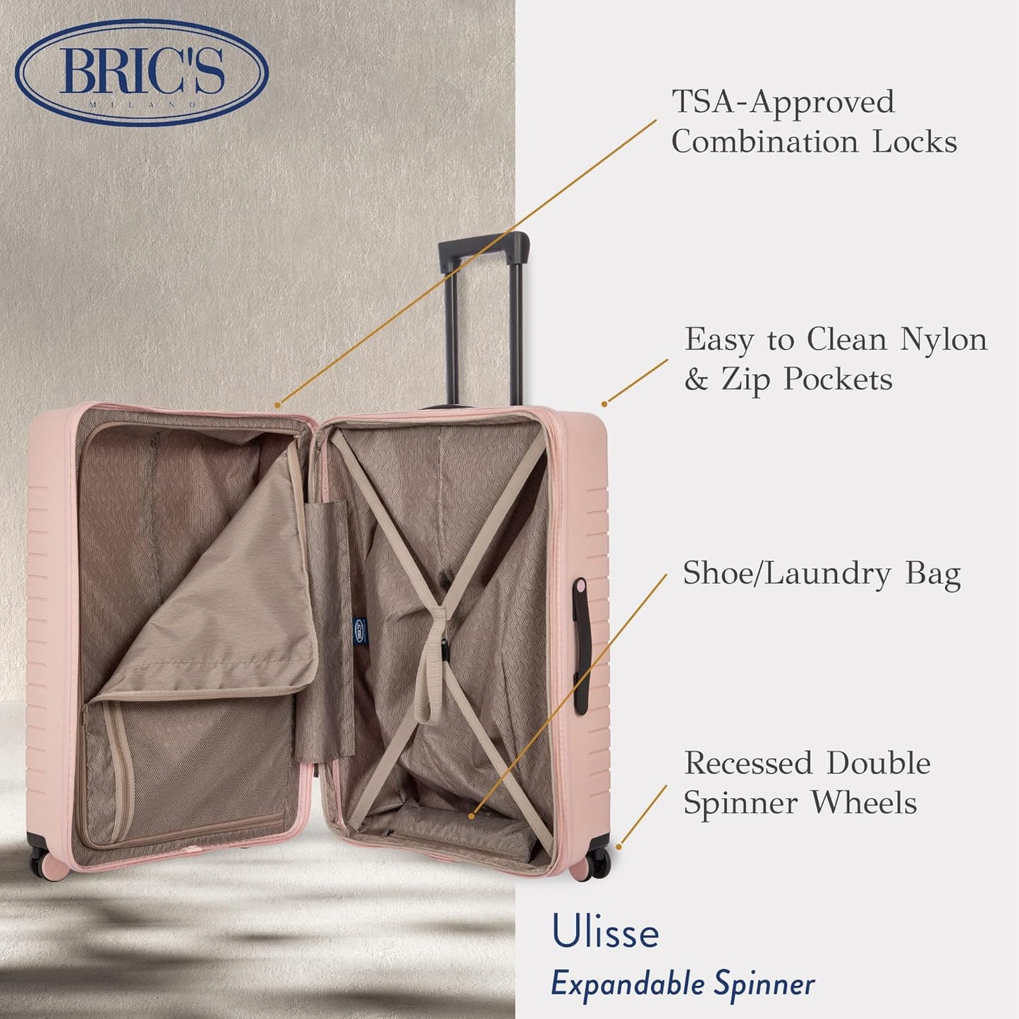 Bric's B|Y Ulisse Spinner Suitcase, Expandable Hard Shell Luggage with TSA Lock and Smooth 360° Wheels 30" – Pearl Pink