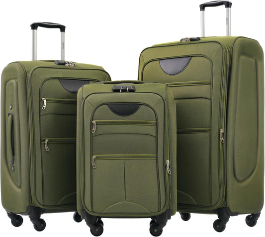 Merax Softside Luggage Set Softshell Lightweight 3 Piece Spinner Suitcase 22" 26" 30" Army Green
