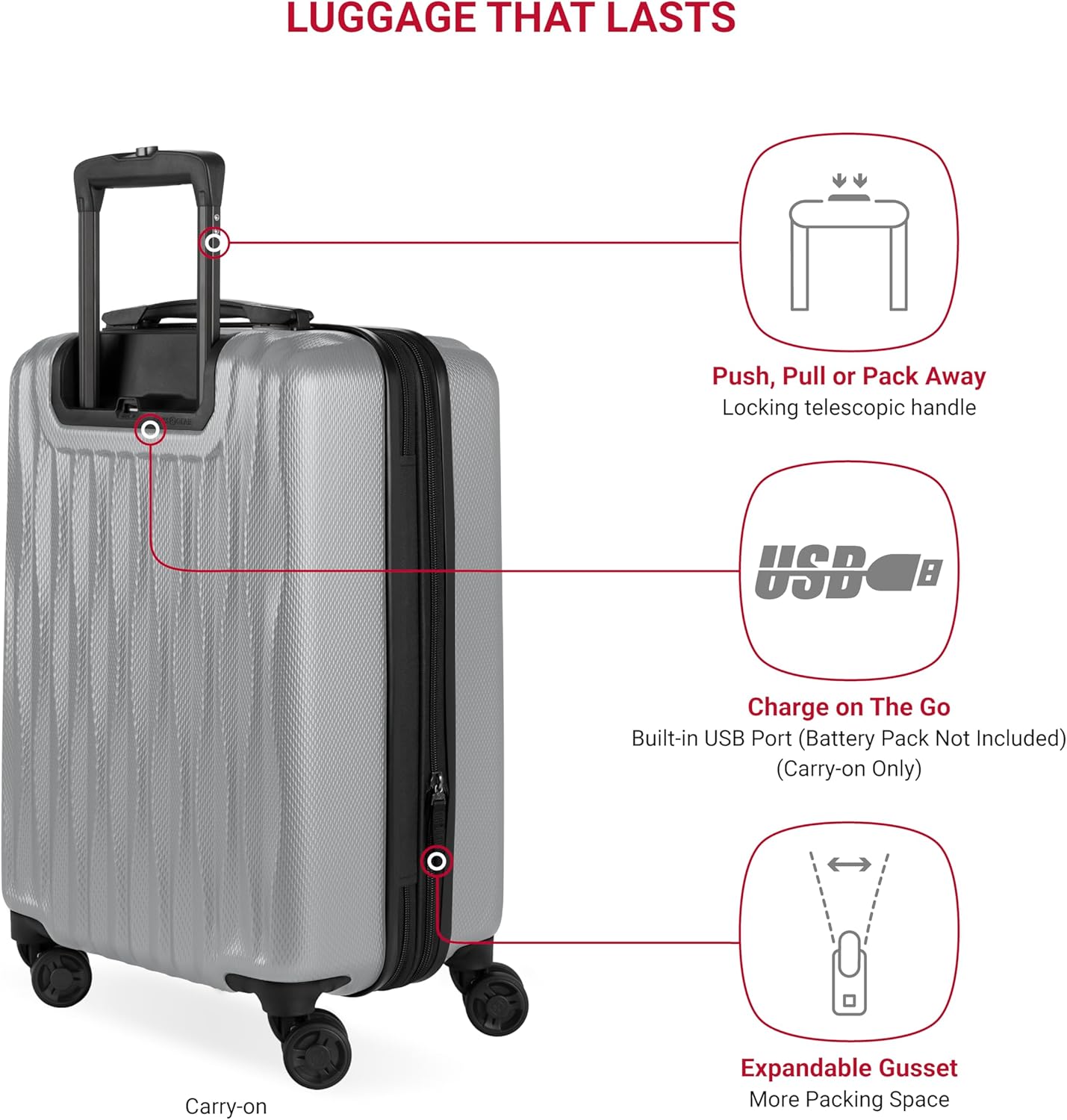 SwissGear 7272 Energie Hardside Expandable Luggage with Spinner Wheels, Silver, 3-Piece Set (19/24/27)
