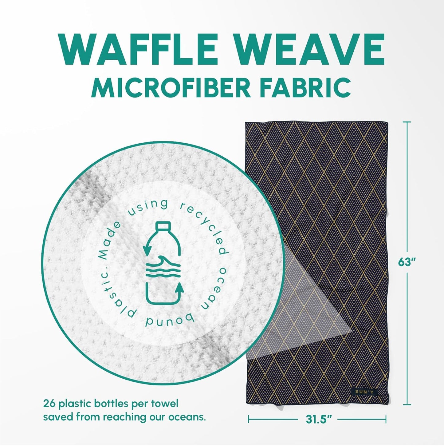 SUN'Y Waffle Microfiber Beach Towel – Sand Free, Quick Dry, Ultra Absorbent, Lightweight & Compact Travel Towel with Carry Bag - Large (63” x 31.5”), Newport