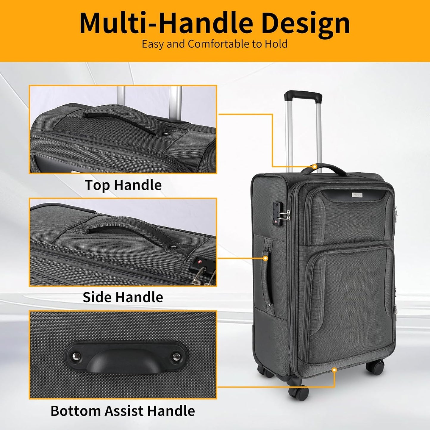 3-Piece Softside Expandable Luggage Set with Front Open Pocket, Lightweight and Durable Oxford Fabric Suitcase Set with TSA Lock (Gray, 20in/24in/28in)