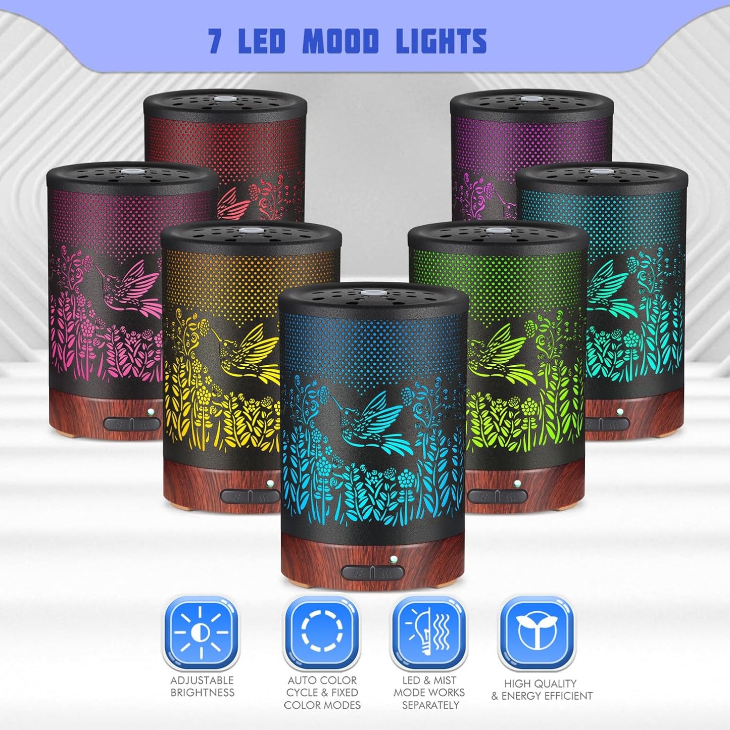 Metal Essential Oils Diffuser 150ML Aromatherapy Diffuser Cool Mist Humidifier with 7 Colors Lights Waterless Auto Off Air Diffusers as Gifts for Moms Women Girls (D-Hummingbird)
