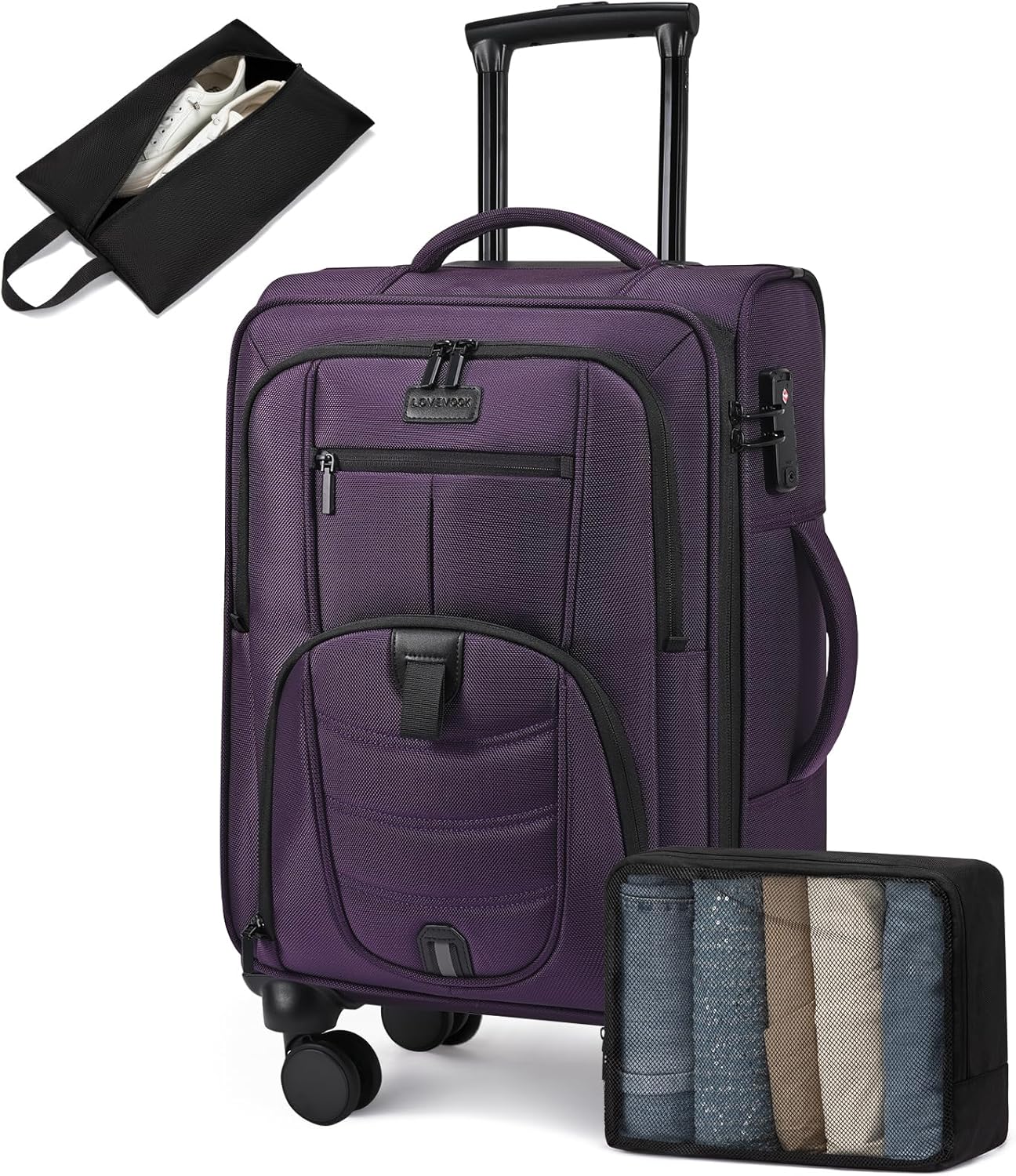 LOVEVOOK Carry On Luggage Airline Approved, Suitcases with Spinner Wheels, Softside Carry-on Luggage with TSA Lock for Men Women Business Trip, Lightweight Large Capacity Luggage for Travel, Purple