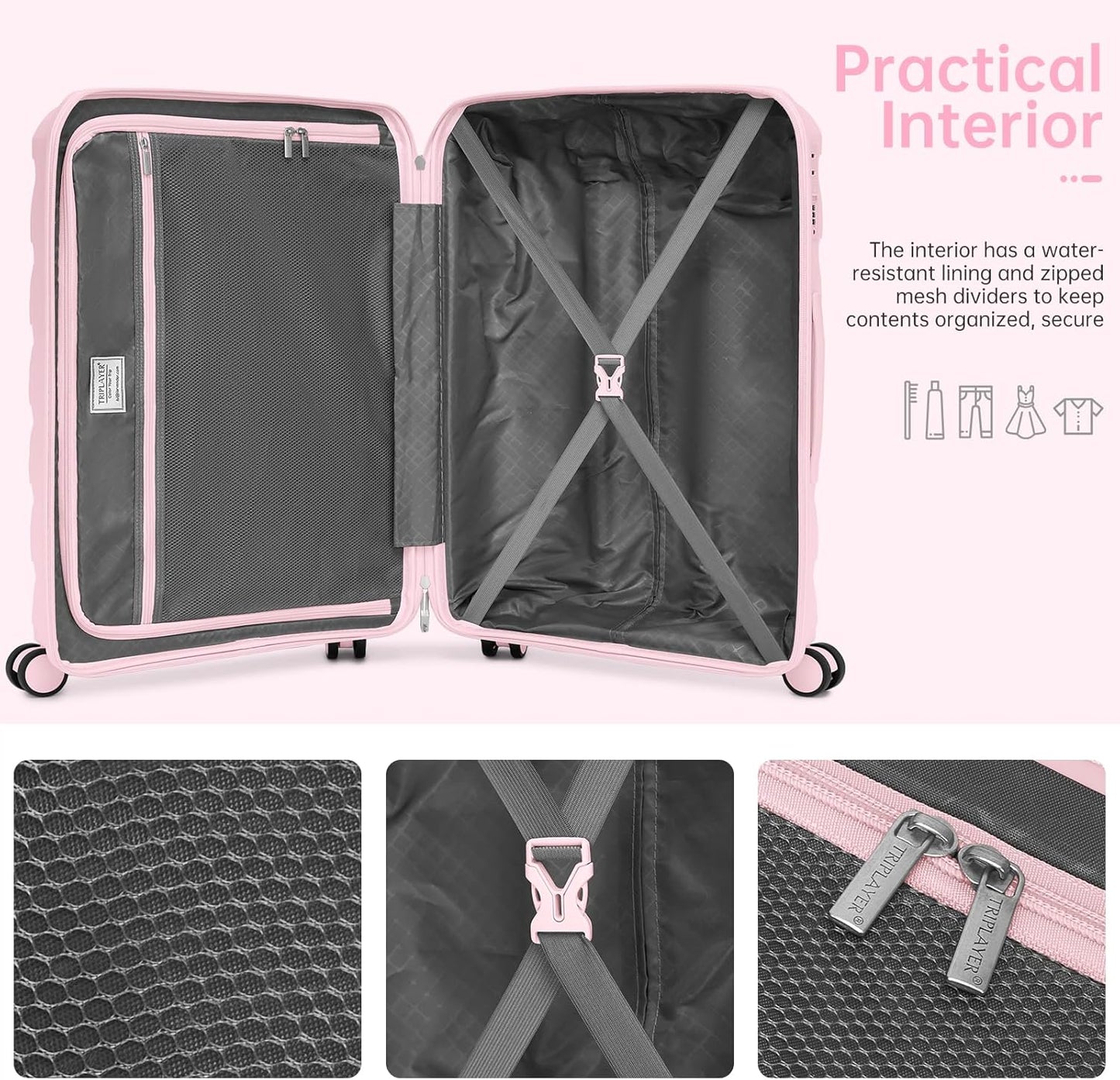 Carry On Luggage 22x14x9 Airline Approved, 22 Inch PP Hardshell Luggage Carry-on Suitcase with Spinner Wheels, Carry On Suitcase Set for Women (Pink)