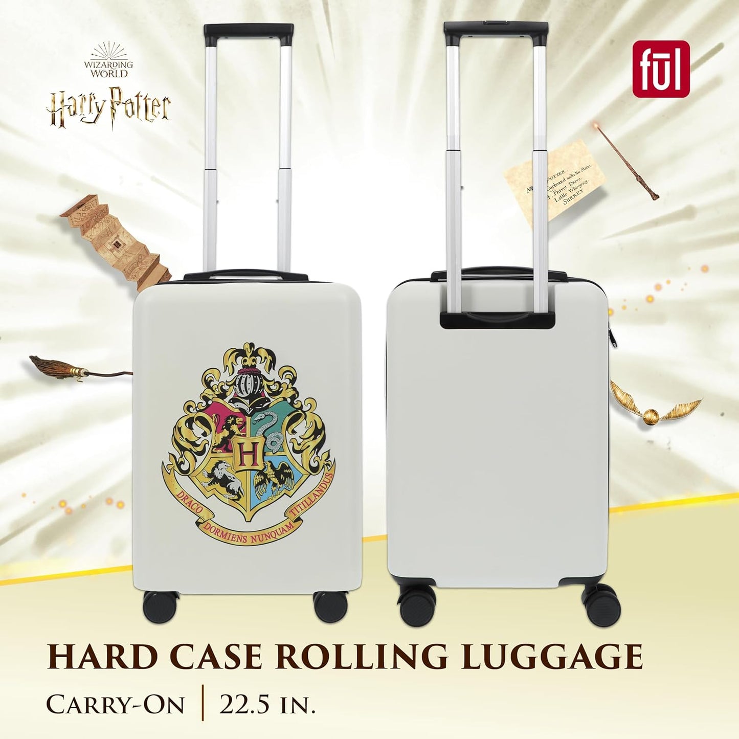 FUL Harry Potter 22.5 Inch Carry On Luggage, Hogwarts Crest Hardshell Rolling Suitcase with Spinner Wheels, White