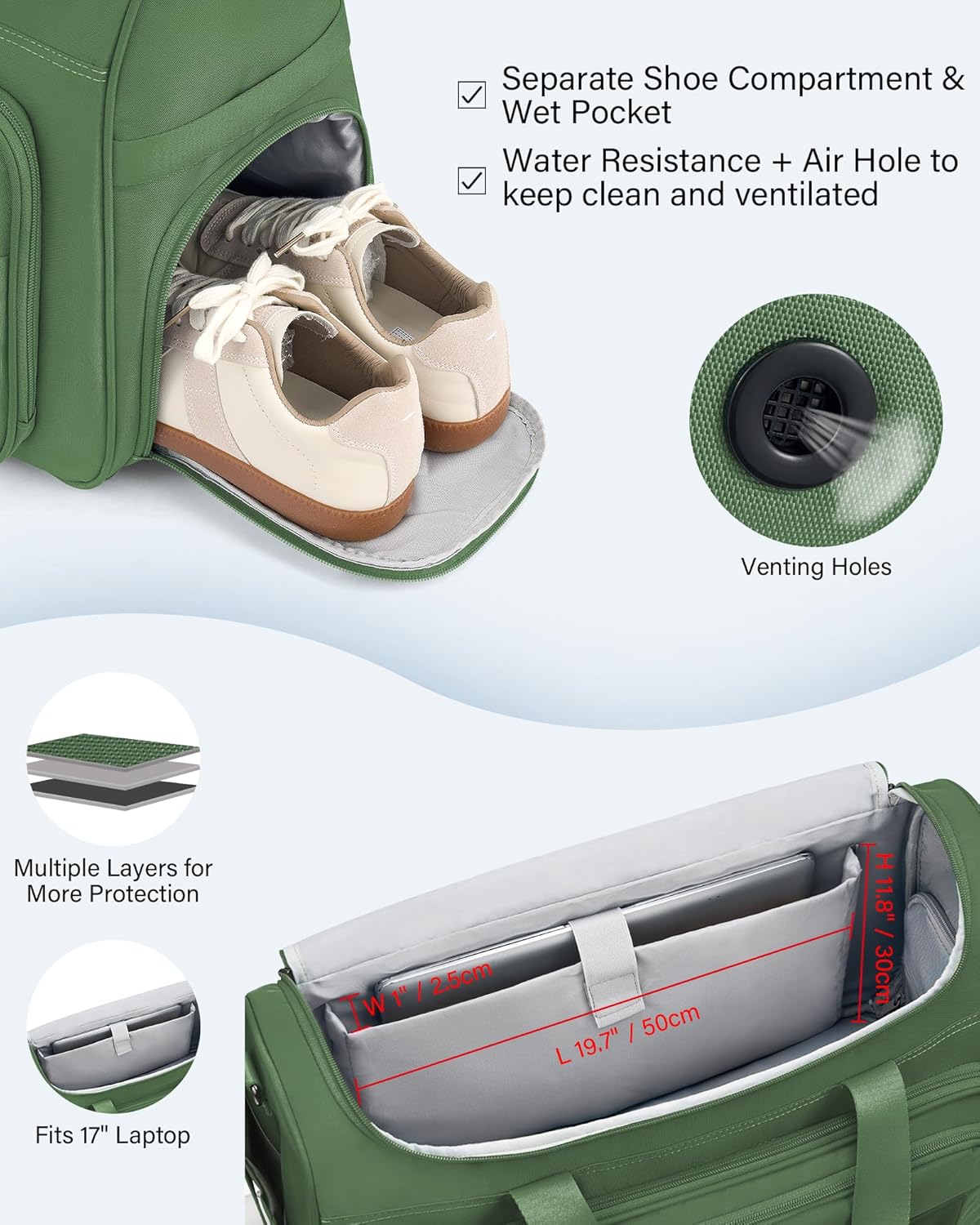 Carry on Duffel Bag Foldable Duffle Bags for Travel, Large Personal Item Bags for Airplanes, Weekender Overnight Mens Travel Tote Bag for Women Softside Carry on Luggage (Forest Green)