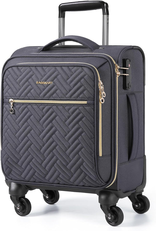 BAGSMART Underseat Carry On luggage Airline Approved, 16-inch Small Softside Underseater Travel Suitcase with Spinner Wheels Overnight Bag Small Rolling Carry-on for Women Men Weekender,Grey
