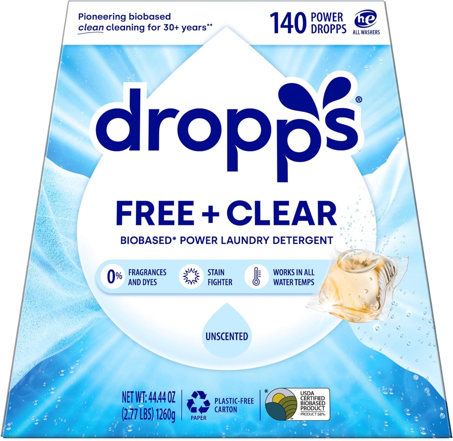 Dropps Free + Clear Biobased Power Laundry Detergent Pods, Unscented (140 Count) - HE Compatible Laundry Pods for Fresh Clothes - Laundry Soap Supplies & Recyclable Paperboard Packaging