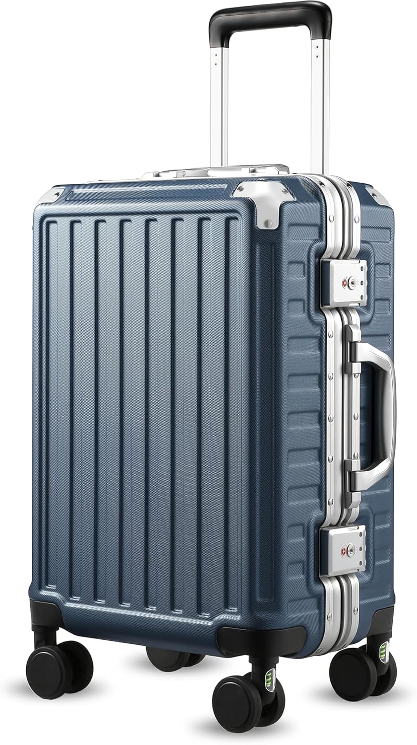 Carry On Luggage with Spinner Wheels, 8010S Aluminum Frame Zipperless Polycarbonate Hard Shell Suitcase (ZX-Core, Blue, 20 Inch)