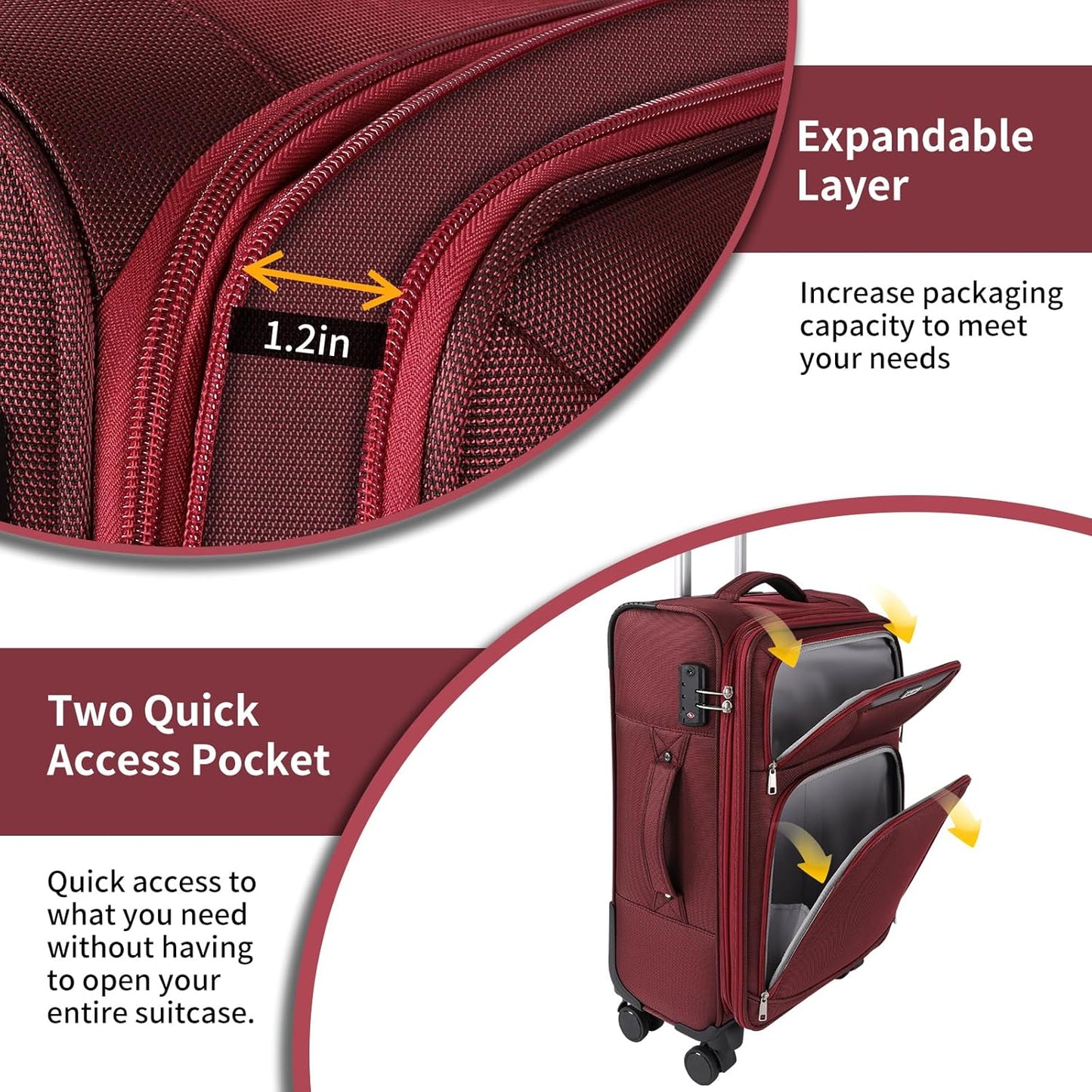3-Piece Softside Expandable Luggage Set with Front Open Pocket, Lightweight and Durable Oxford Fabric Suitcase Set with TSA Lock (Burgundy Wine Red, 20in/24in/28in)