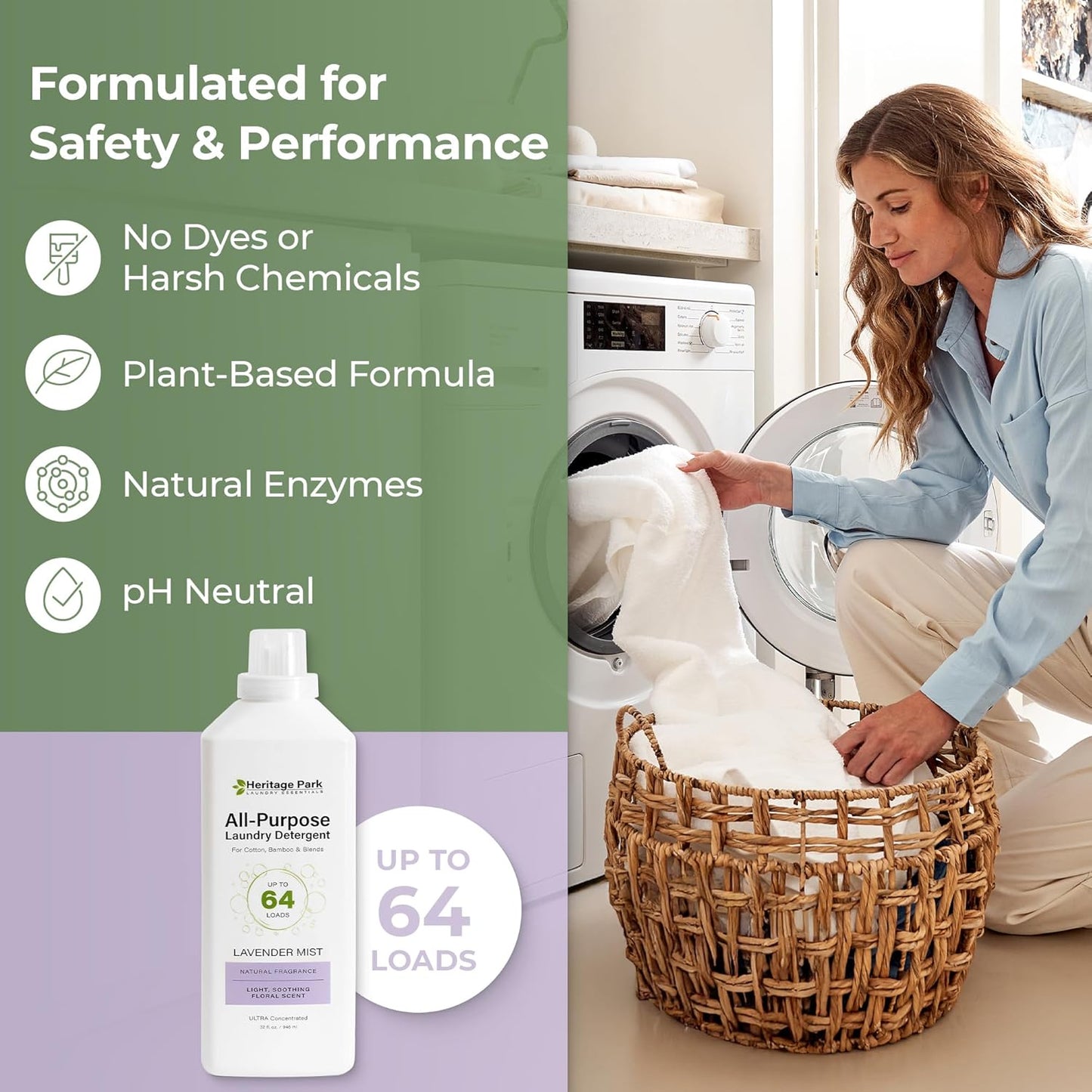 Heritage Park Luxury Laundry Detergent | Dermatologist Tested Plant based Natural & Enzyme Laundry Detergent | Sensitive Skin Friendly - Lavender Mist (32 fl oz)