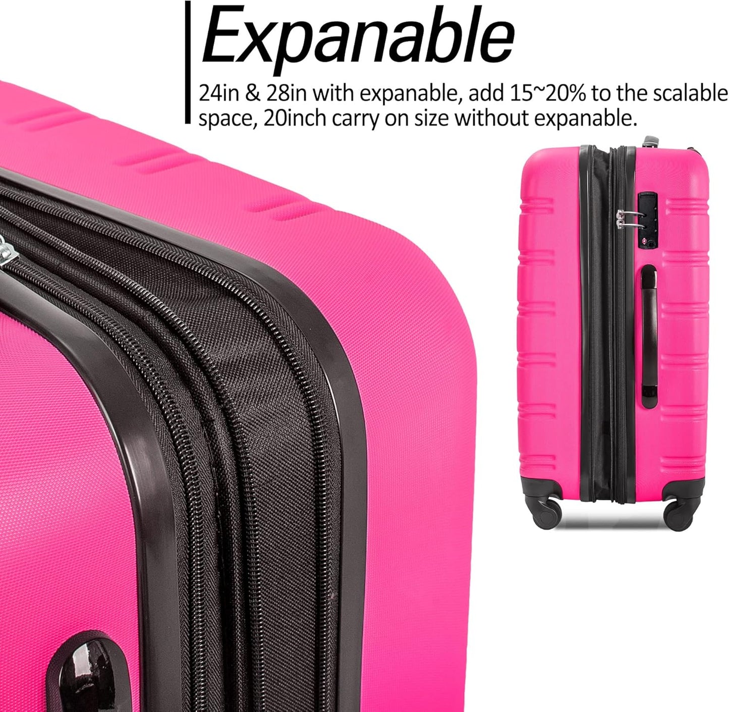 Merax Luggage Sets 3 Piece Suitcase Set 20/24/28,Carry on Luggage Airline Approved,Hard Case with Spinner Wheels,Pink