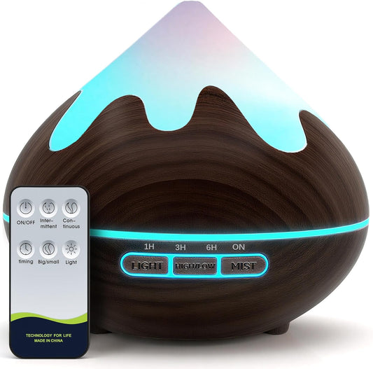 500ML Essential Oil Diffuser, Aromatherapy Diffuser with Remote Control, Multifunctional Air Diffusers for Home Office Room, Fragrance Aroma Diffuser with 7 Color LED & 2 Mist Mode, Dark Brown