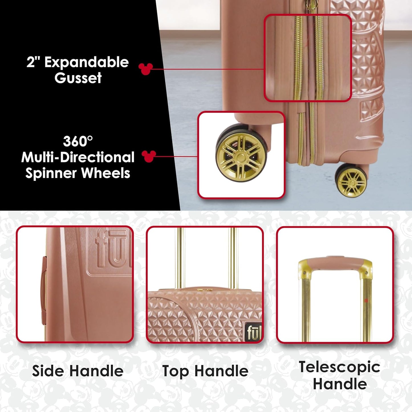 FUL Disney Mickey Mouse 29 Inch Rolling Luggage, Hardshell Suitcase with Spinner Wheels, Rose Gold