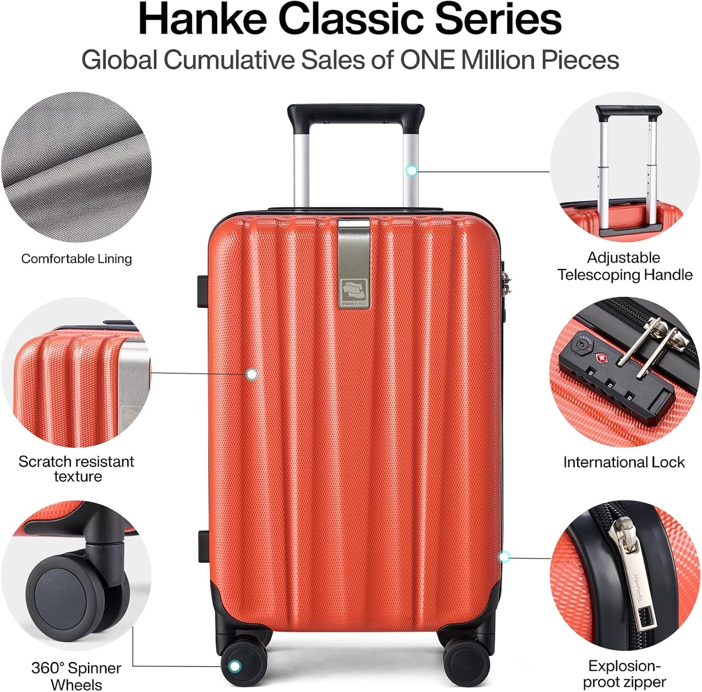 Hanke Luggage Sets 3 piece Carry On Luggage with Wheels PC Hard Shell Suitcases Lightweight Checked Tsa Luggage Extra Large Travel Suitcase Woman Men 20/24/29 Inch （Orange）