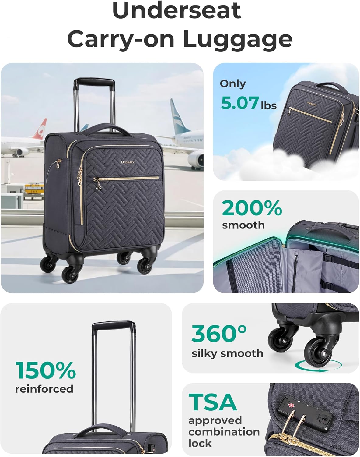 BAGSMART Underseat Carry On luggage Airline Approved, 16-inch Small Softside Underseater Travel Suitcase with Spinner Wheels Overnight Bag Small Rolling Carry-on for Women Men Weekender,Grey