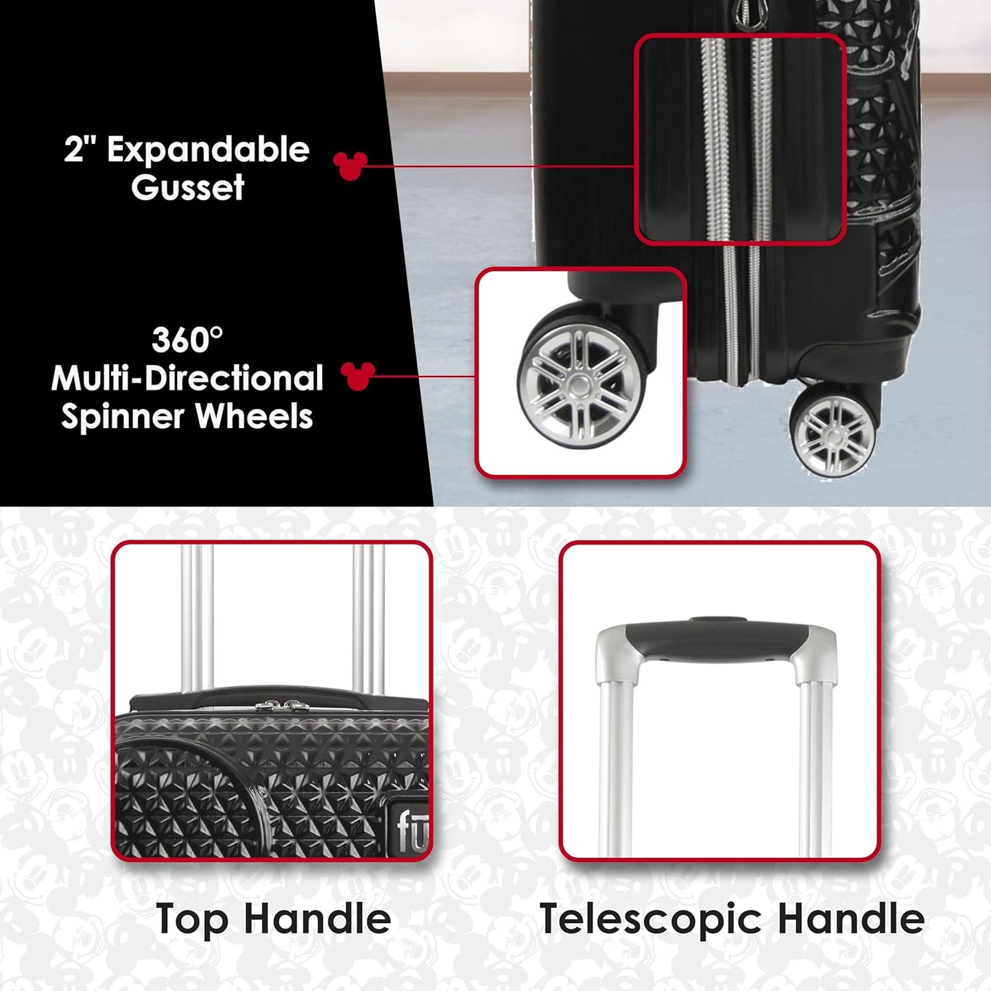 FUL Disney Mickey Mouse 21 Inch Carry On Luggage, Hardshell Rolling Suitcase with Spinner Wheels, Black