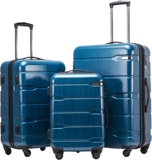 Coolife 3-Piece Luggage Set with Expandable 28-Inch Suitcase, PC+ABS Spinner (20/24/28 Inch, Caribbean Blue)