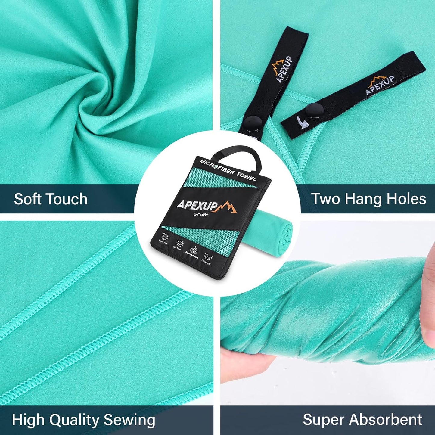APEXUP Microfiber Travel Towel, Ultra Absorbent Quick Dry Towels, Lightweight Gym Sports Camping Towel for Workout, Yoga, Beach, Shower, Swimming (48"×24", Mint Color)