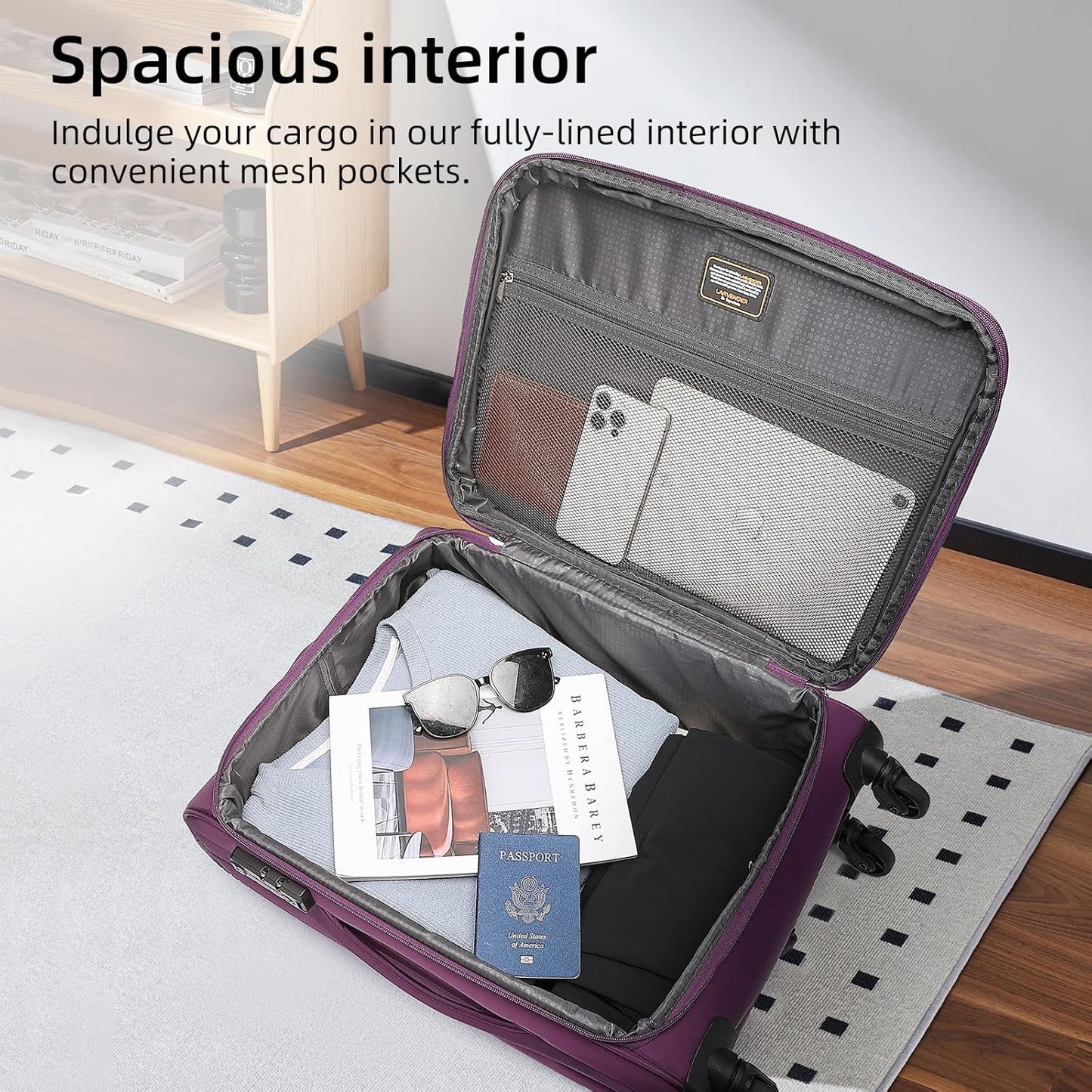 LARVENDER Softside Carry On Luggage 3 Piece, Expandable Carry On Luggage 22x14x9 Airline Approved 20-inch Carry on Suitcase with Spinner Wheels for Men Women, TSA Lock, Purple (20/BP/TB)