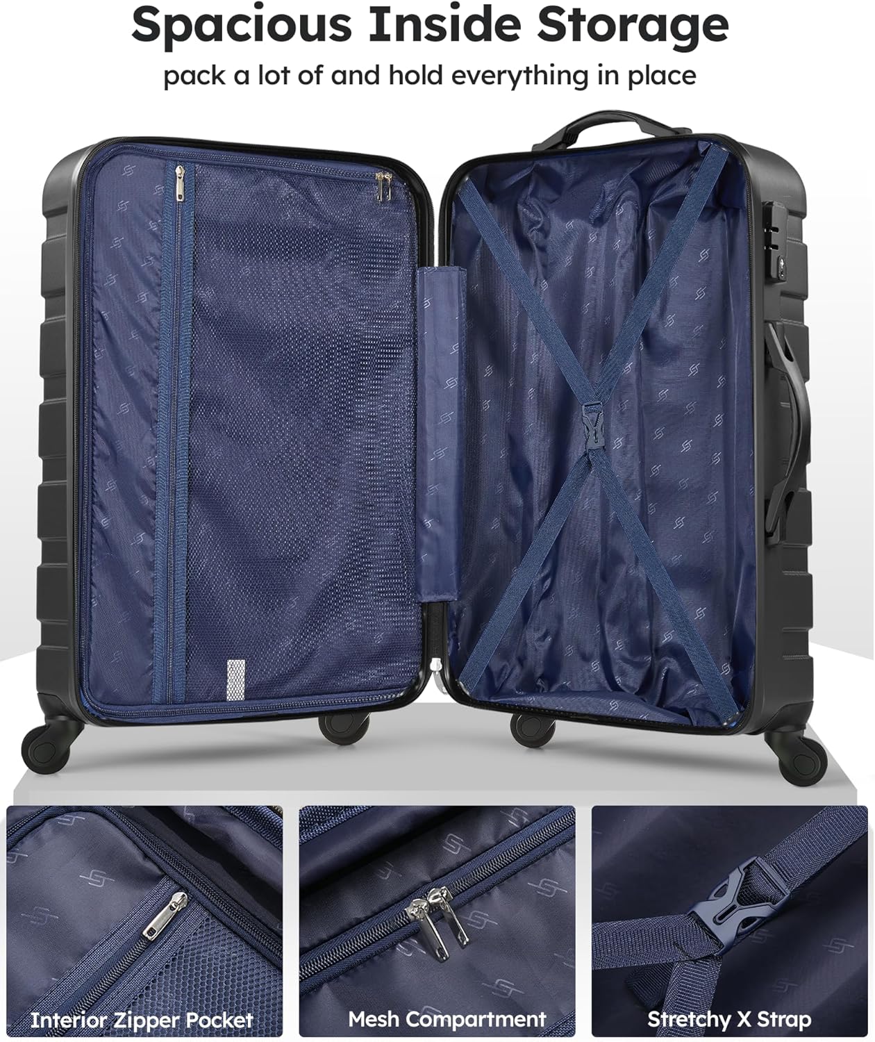 Suitour Luggage Sets 3 piece, Hardside Lightweight Suitcase sets with Spinner Wheels,TSA Lock,20/24/28 inches Travel Luggage Black