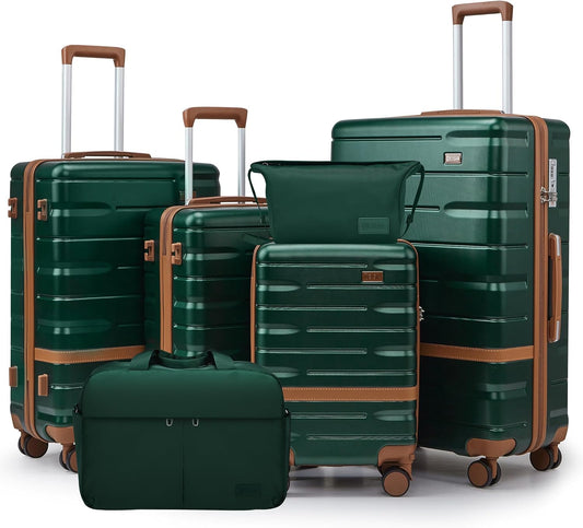 Luggage Sets Lightweight Hard Shell Suitcases with Spinner Wheels for Family Travel - Durable PC+ABS Material Carry On Luggage YKK Zippers (Dark Green, 6 Piece Sets (18/20/24/28/DB/TB))