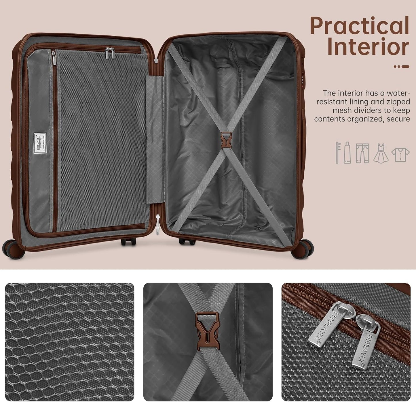 Carry On Luggage 22x14x9 Airline Approved, 22 Inch PP Hardshell Luggage Carry-on Suitcase with Spinner Wheels, Carry On Suitcase Set for Women(Mocha