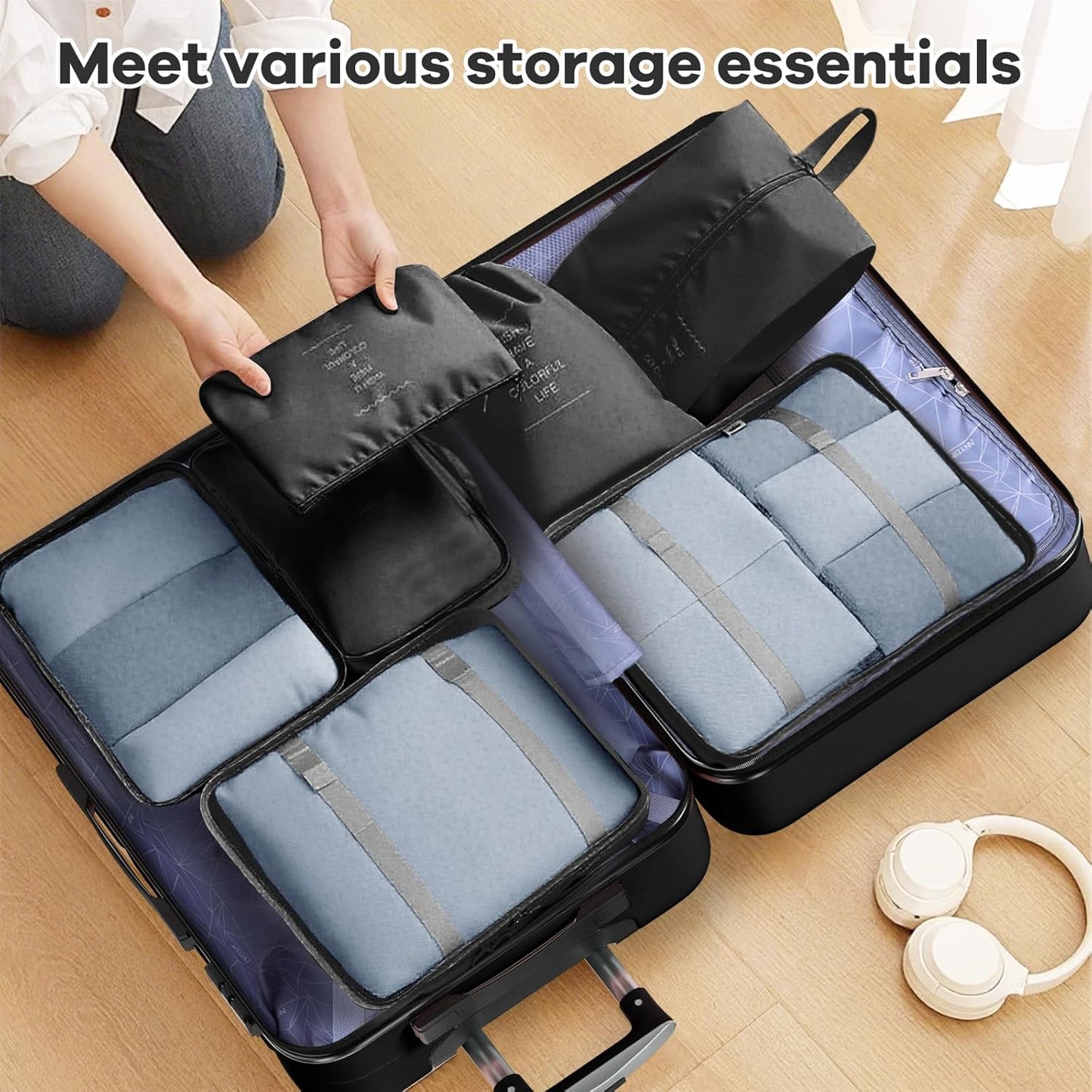AnyZip Luggage Sets 10 Piece Hardshell Suitcase Set PC ABS Lightweight Travel Suitcases with 4 Double Spinner Wheels TSA Lock 20 24 28 Inch with 7 Storage Bags Black