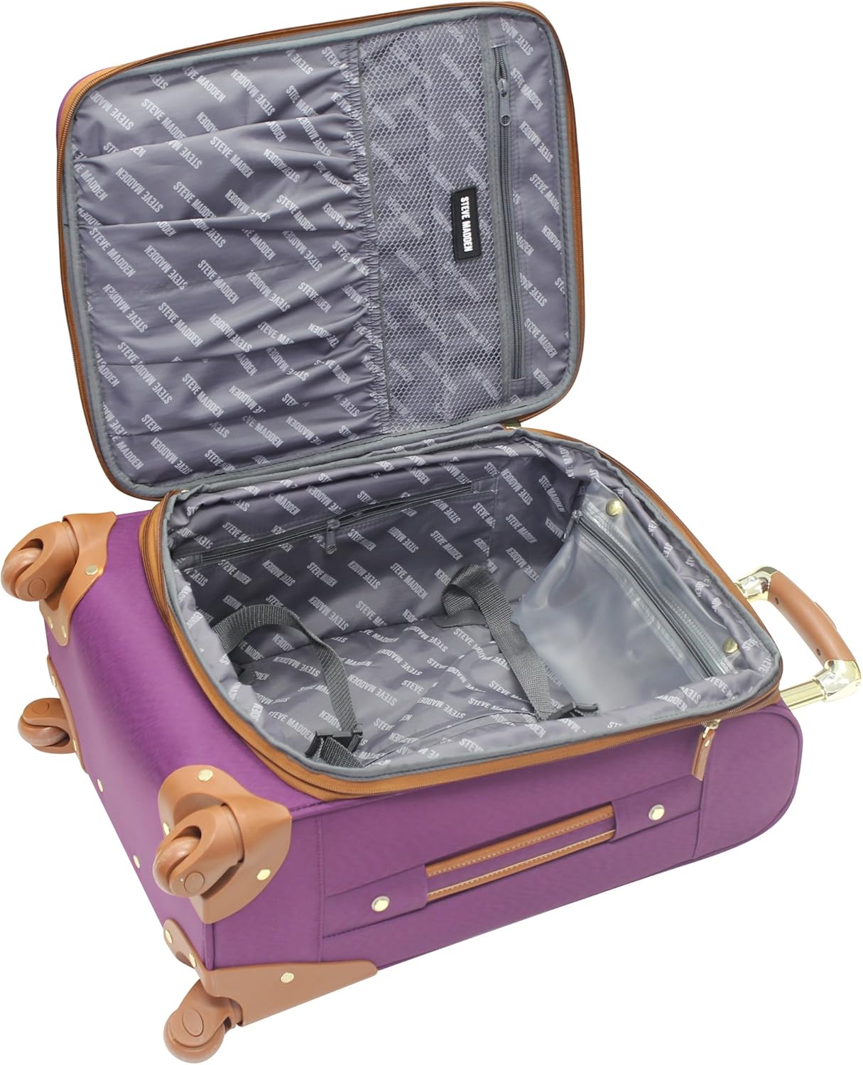 Steve Madden Designer Luggage Collection - Expandable 24 Inch Softside Bag - Durable Mid-sized Lightweight Checked Suitcase with 4-Rolling Spinner Wheels, Purple, 3 light 24"