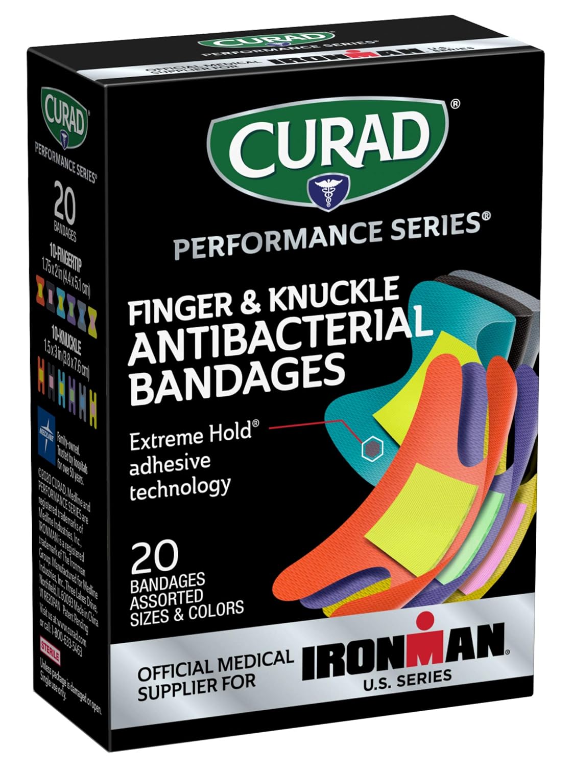 CURAD Performance Series IRONMAN Antibacterial Bandages, Extreme Hold Adhesive Technology, Finger & Knuckle Bandages, Flexible Fabric, Variety Pack with Assorted Sizes & Colors, 20 Count