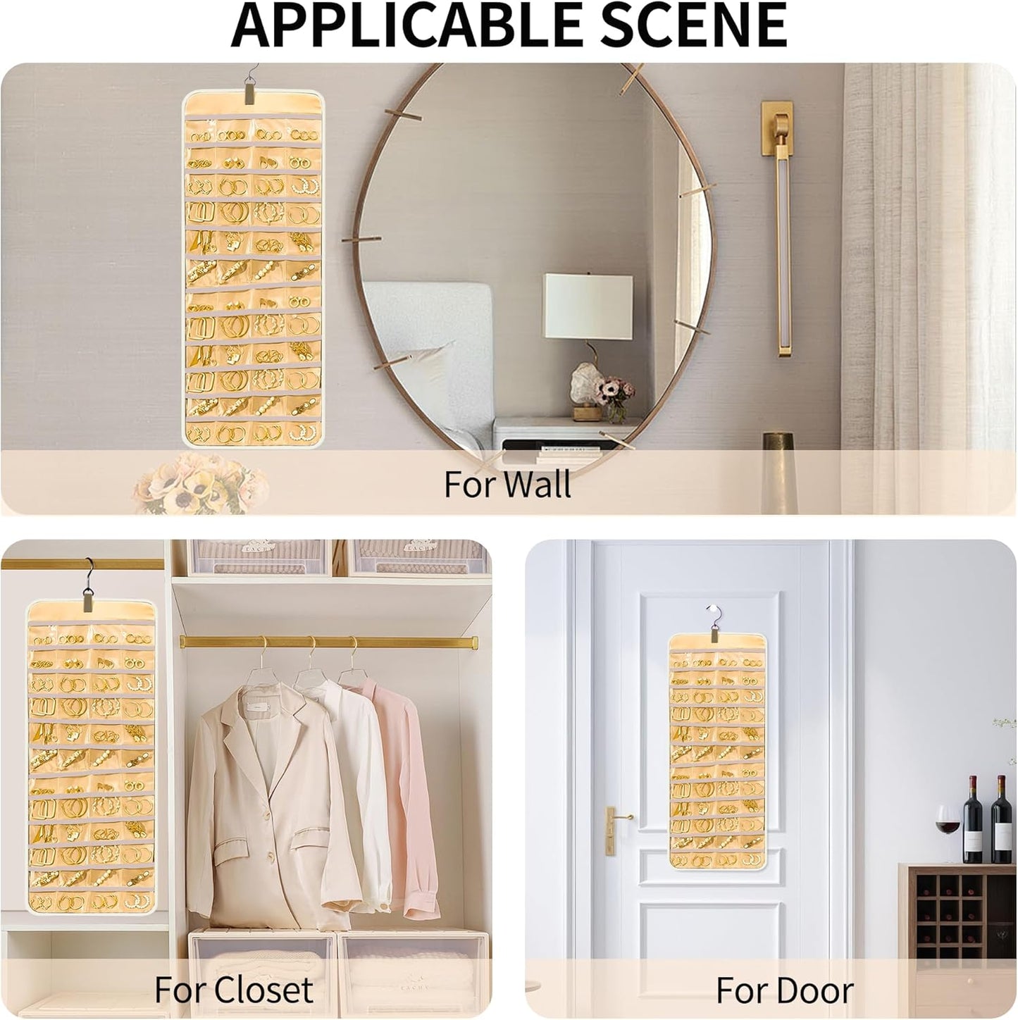 Bloss Hanging Jewelry Organizer with 48 Pockets, Double-Side Hanging Jewelrys Holder with Hanger Hooks, Jewelry Organizers and Accessories Storage for Earrings, Necklaces and Rings,Beige