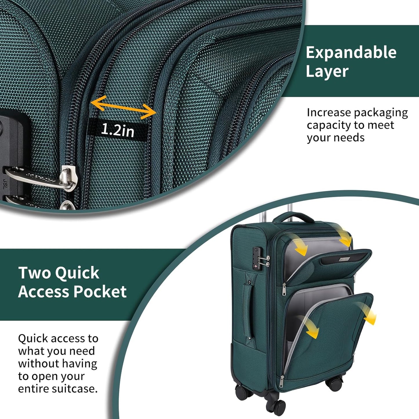 3-Piece Softside Expandable Luggage Set with Front Open Pocket, Lightweight and Durable Oxford Fabric Suitcase Set with TSA Lock (Dark Green, 20in/24in/28in)