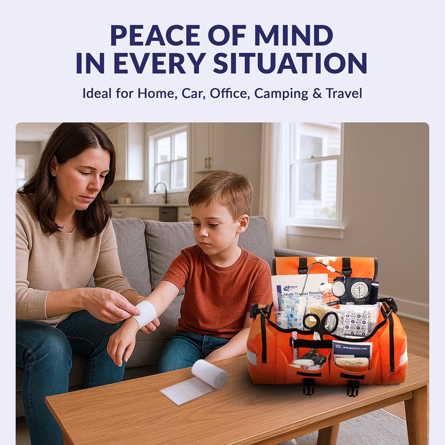 MFASCO First Aid Kit - Fully Stocked Portable Reflective Bag - First Responder Emergency Response Kit - for Natural Disaster Preparedness - Customizable Storage - Includes 415 Pcs First Aid Supplies