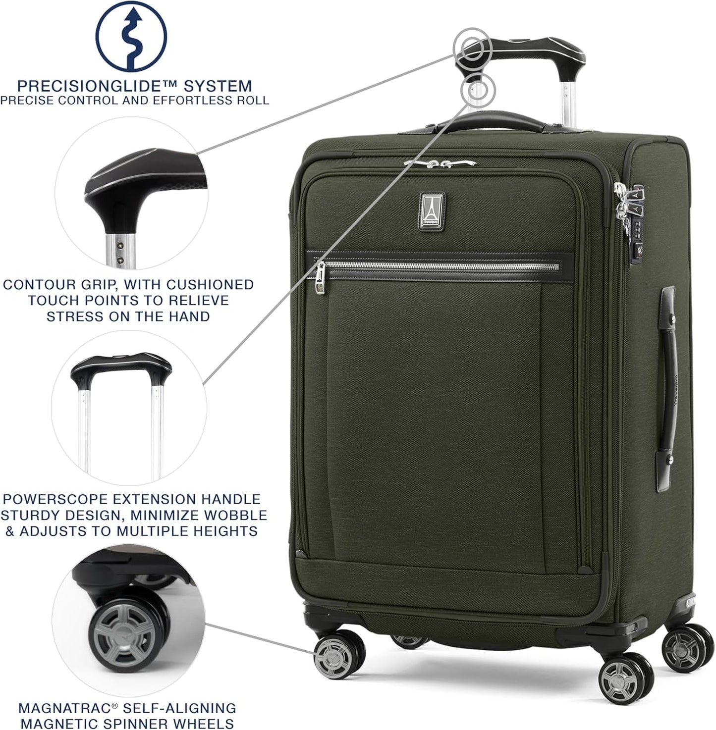 Travelpro Platinum Elite Softside Expandable Checked Luggage, 8 Wheel Spinner Suitcase, TSA Lock, Men and Women, Pilot Green, Checked Medium 25-Inch