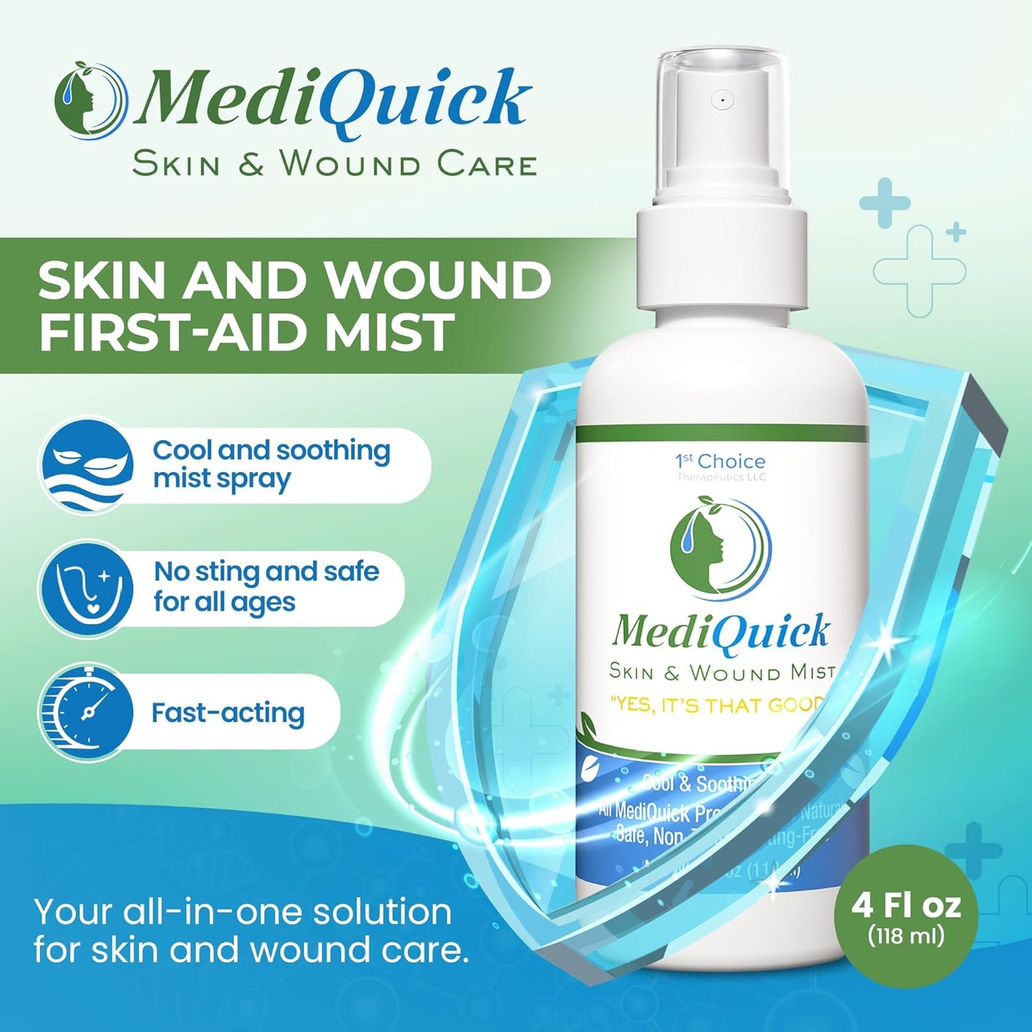 MediQuick Antiseptic Spray Mist 4 Fl Oz | Skin & Wound Repair First Aid Spray for Burns & Cuts with 12 Hour Action | Helps Heal Acne Rash Eczema Itch Bites & More | Safe Wound Wash with No Sting