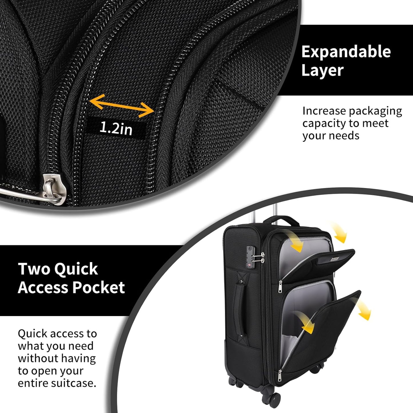 3-Piece Softside Expandable Luggage Set with Front Open Pocket, Lightweight and Durable Oxford Fabric Suitcase Set with TSA Lock (Black, 20in/24in/28in)