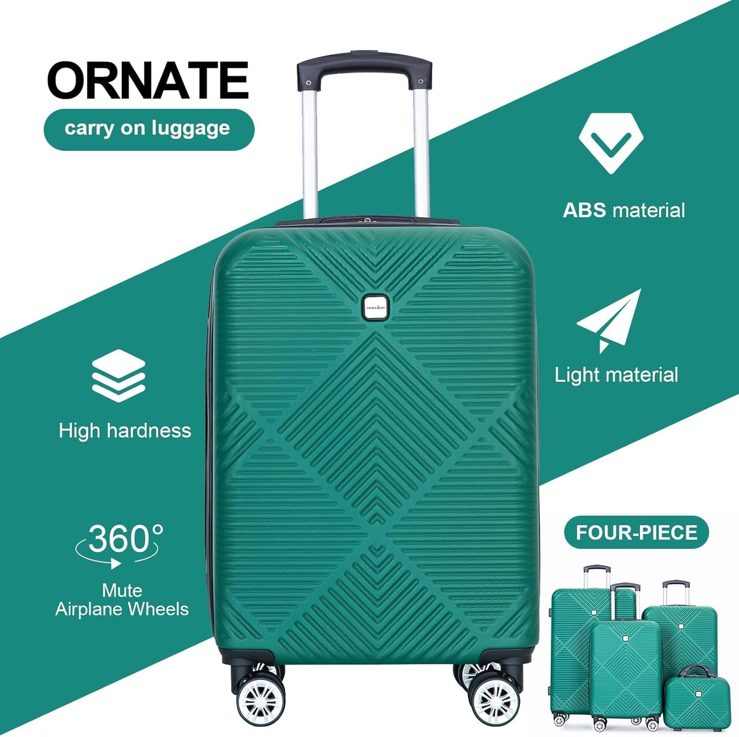 Luggage 4 Piece Set, Hardshell ABS Suitcase Set with Double Spinner Wheels, Lightweight Suitcase, Carry On and Checked Travel Luggage, Dark Green