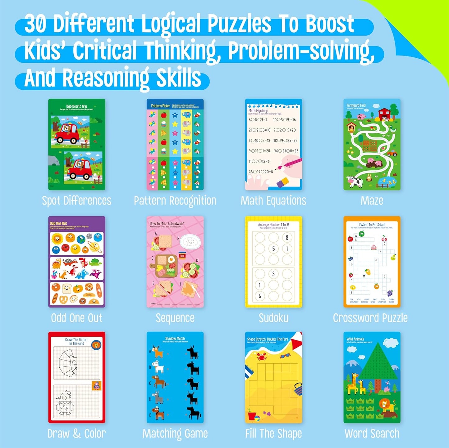 SpriteGru Logic Puzzles Game Pad, 30 Reusable & Erasable Logical Thinking Games, Dry Erase Brain-Boosting Puzzle Activities Book for Kids, Educational Toy for Road Trip, Airplane & Car Travel