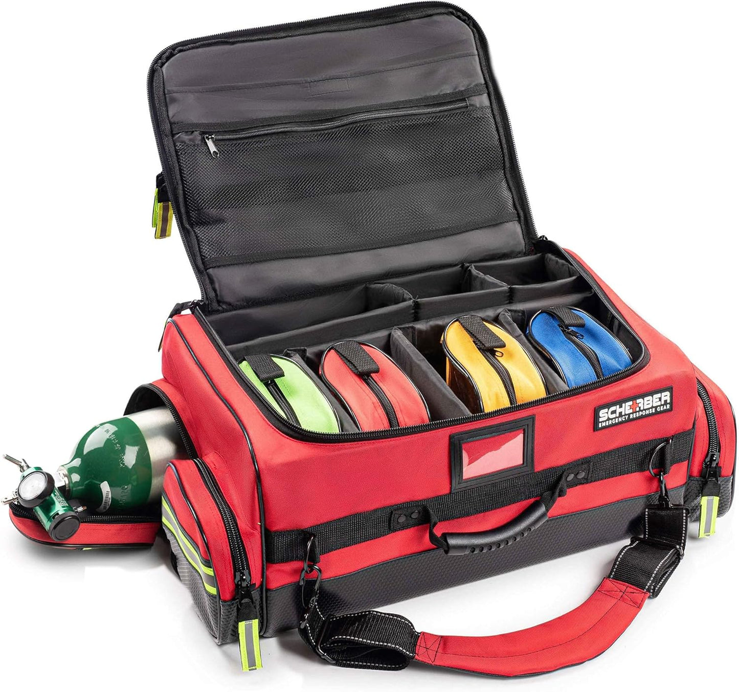 Scherber Fully-Stocked Premium First Responder Bag | HSA/FSA Approved | Large Pro EMT/EMS Trauma, Bleeding & Oxygen Medical Kit | CAT Tourniquet, HyFin Chest Seal & 250+ First Aid Supplies (Red)