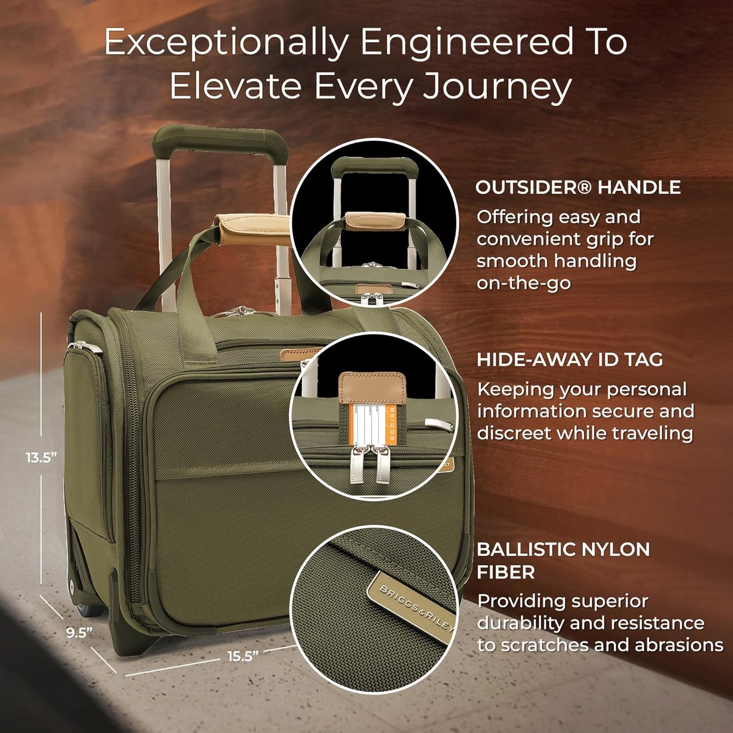 Briggs & Riley 2-Wheel Cabin Bag - Carry On Luggage for Travel, Suitcases with Wheels, Softside Rolling Bag for Men & Women, Interlocking Handle, Self-Repairing Zipper - Baseline Collection, Olive