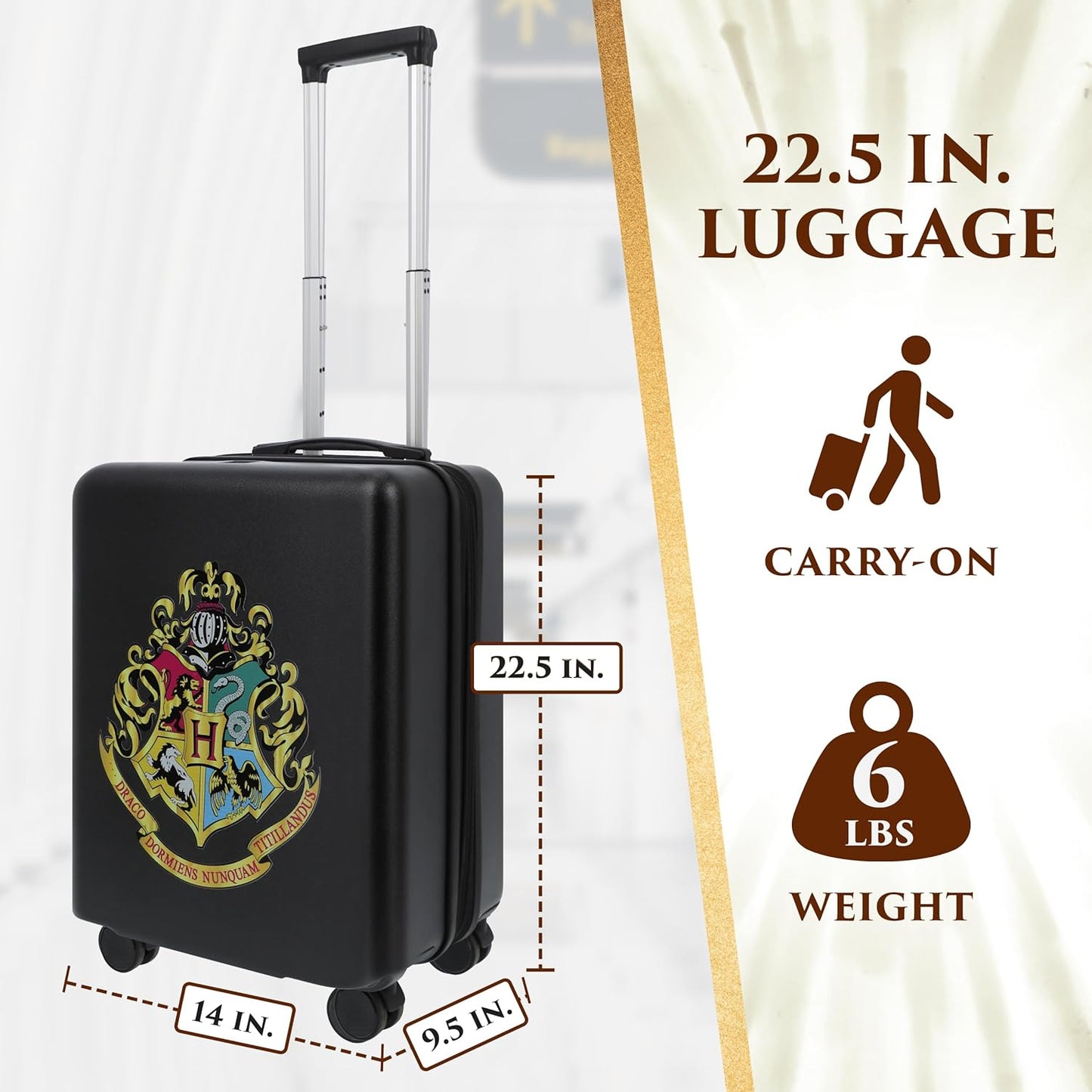 FUL Harry Potter 22.5 Inch Carry On Luggage, Hogwarts Crest Hardshell Rolling Suitcase with Spinner Wheels, Black
