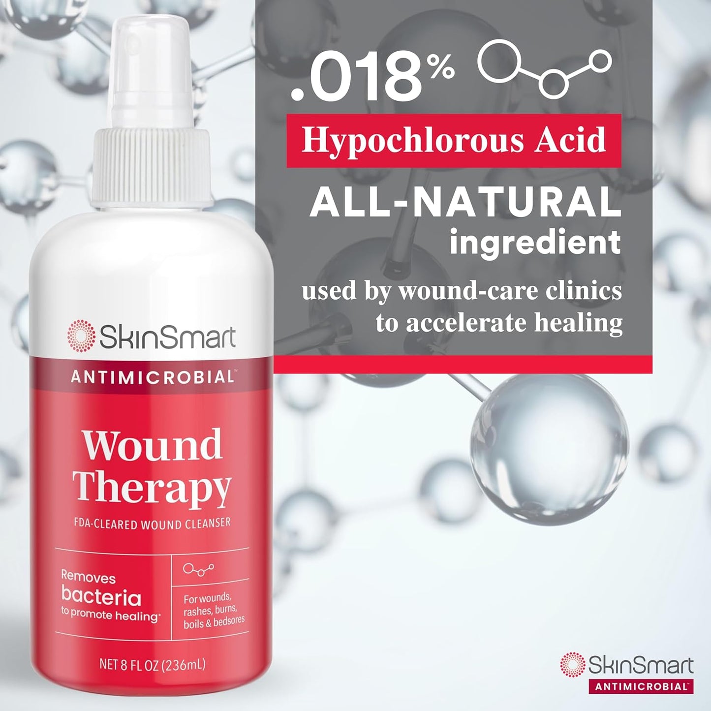 SkinSmart Antimicrobial Wound Therapy, Hypochlorous Acid Safely Removes Bacteria so Wounds Can Heal, 8 Ounce Clear Spray