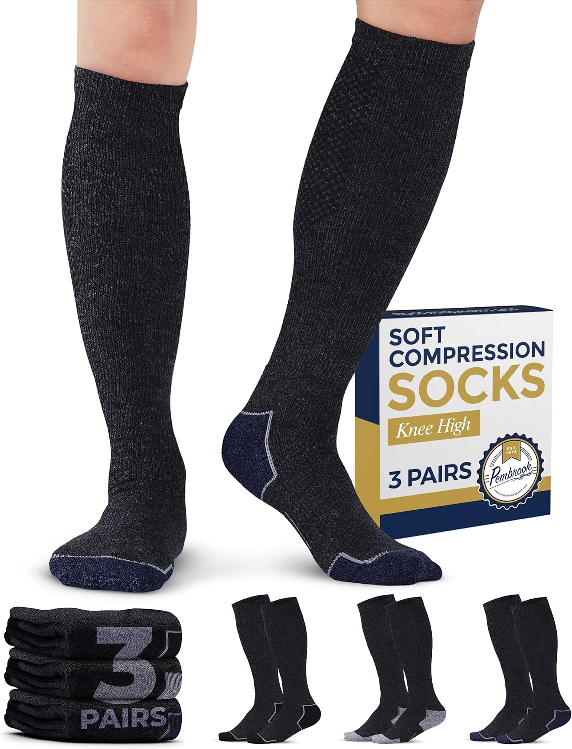 Pembrook Light Compression Socks for Men - 3 Pairs | 8-15 mmhg Compression Dress Socks for Men | Support Socks for Men