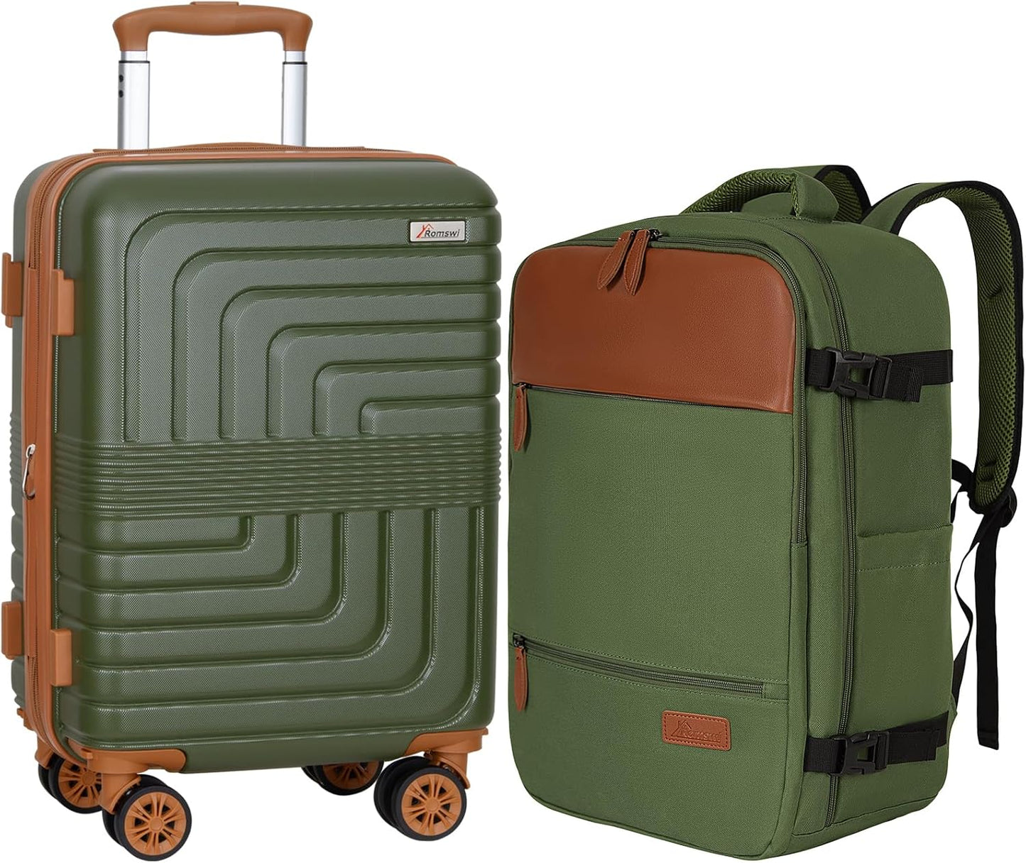Romswi Luggage Sets 2 Piece22In, Expandable 22x14x9 Carry On Luggage with Travel Backpack, PC+ABS Hardside Suitcase Set with TSA Lock, Durable Carry On Suitcase with Spinner Wheels Green