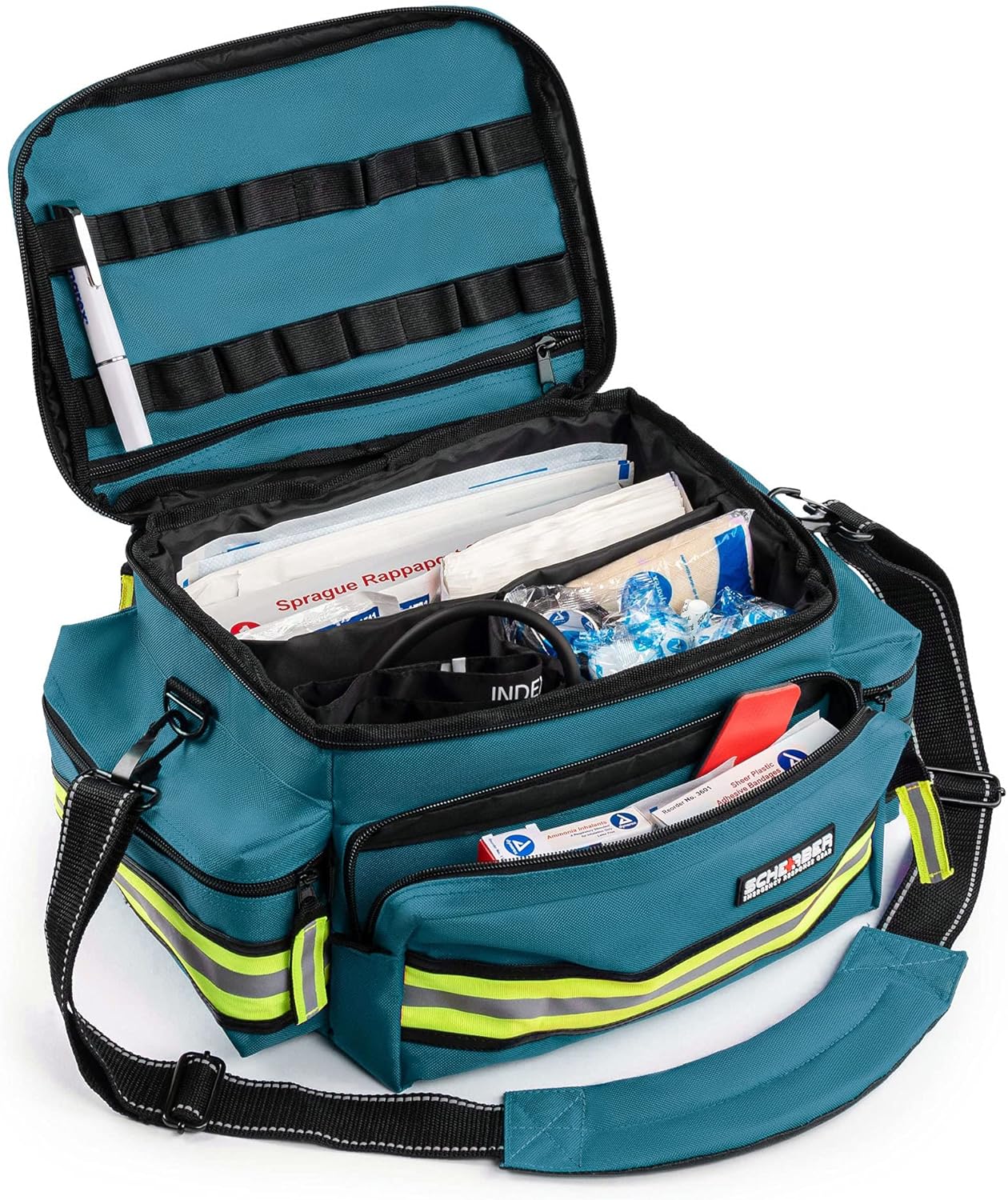 Scherber First Responder Fully-Stocked Professional Essentials EMT/EMS Trauma Kit | HSA/FSA Approved | Reflective Bag w/8 Zippered Pockets & Compartments & 200+ First Aid Supplies - Blue