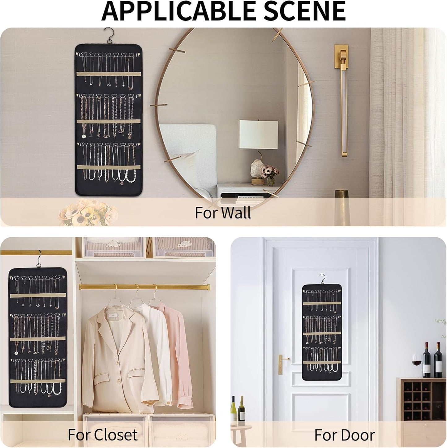 Bloss Hanging Jewelry Organizer-48 Pockets Dual-Sided Hanging Jewelry Organizers and Storage for Necklaces, Earrings Holder on Closet, Wall, Door, Christmas Gifts for Women,Blcak