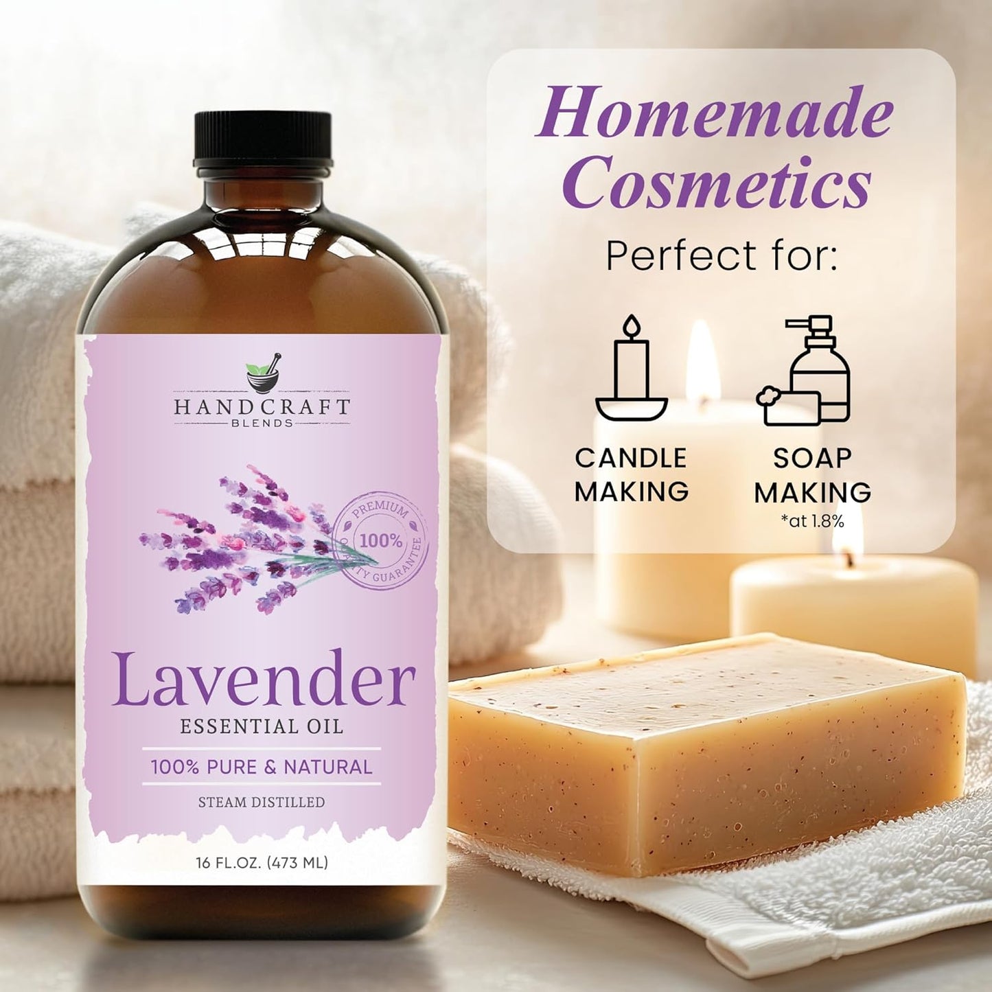 Handcraft Blends Lavender Essential Oil in Glass Bottle – Huge 16 Fl Oz – 100% Pure and Natural – Premium Grade Oil for Diffuser and Aromatherapy, Skin, Massage, Candle and Soap Making Fragrance