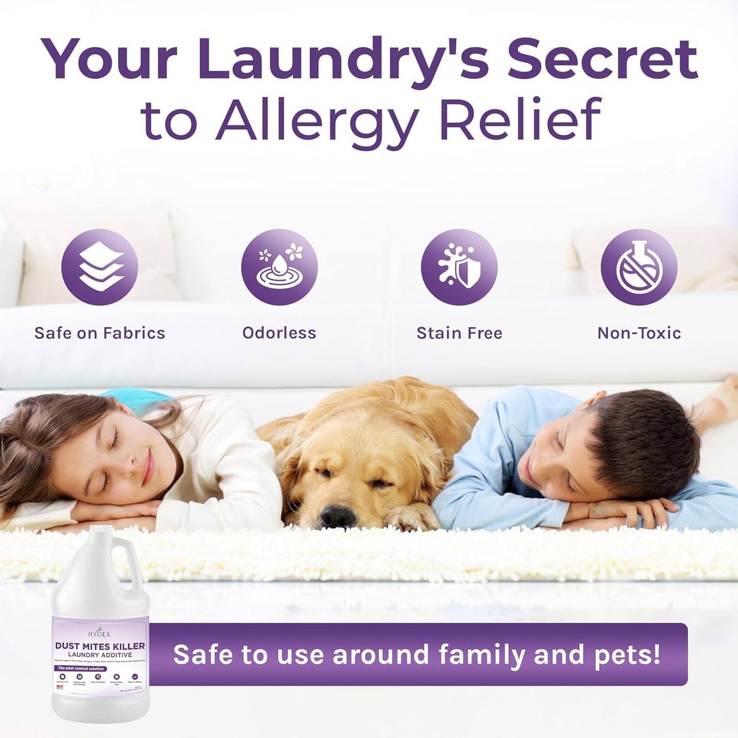 Hygea Natural Dust Mite Laundry Additive - Eliminates Dust, Carpet, Rodent, Bird & Scabies Mites - Pet & Child-Friendly, Eco-Friendly for Bedding, Clothing, Linens - 128oz